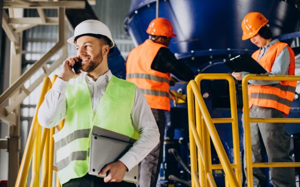 Inspector at a factory talking on the phone while others are working
