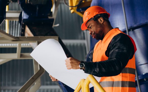African american worker standing in uniform wearing a safety hat in a factory