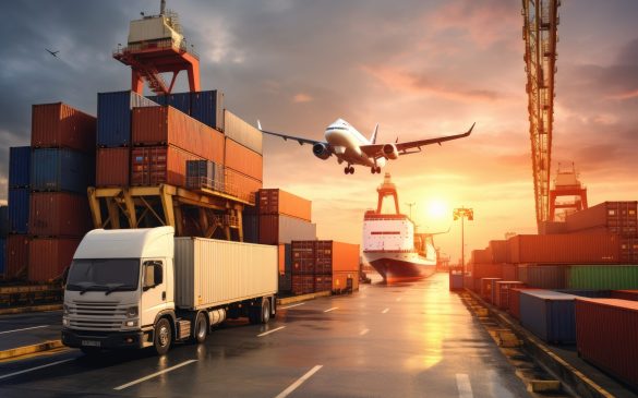 Truck and container cargo freight transportation and import export commercial logistic background, Logistics and transportation of goods by ship, airplane, truck and container, AI Generated